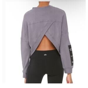 ALO Yoga Smoke Gray Reform Cropped Open Back Crewneck Pullover Sweatshirt Large
